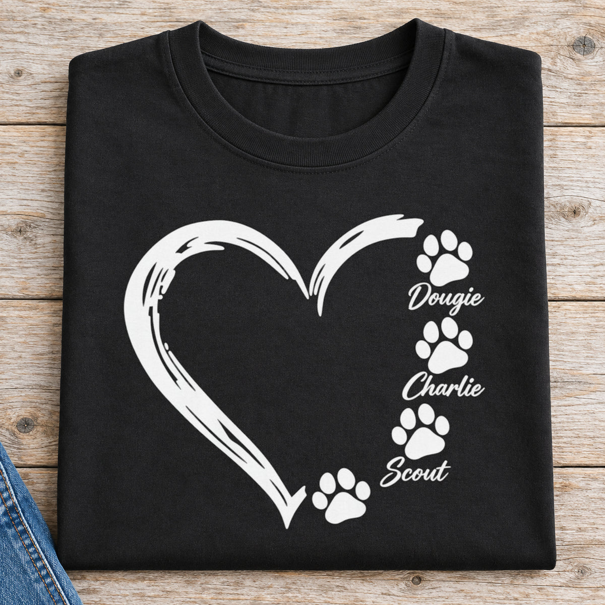 Personalized Pet Paw Heart Shirt | Custom Dog Names Tee — folded shirt with original artwork