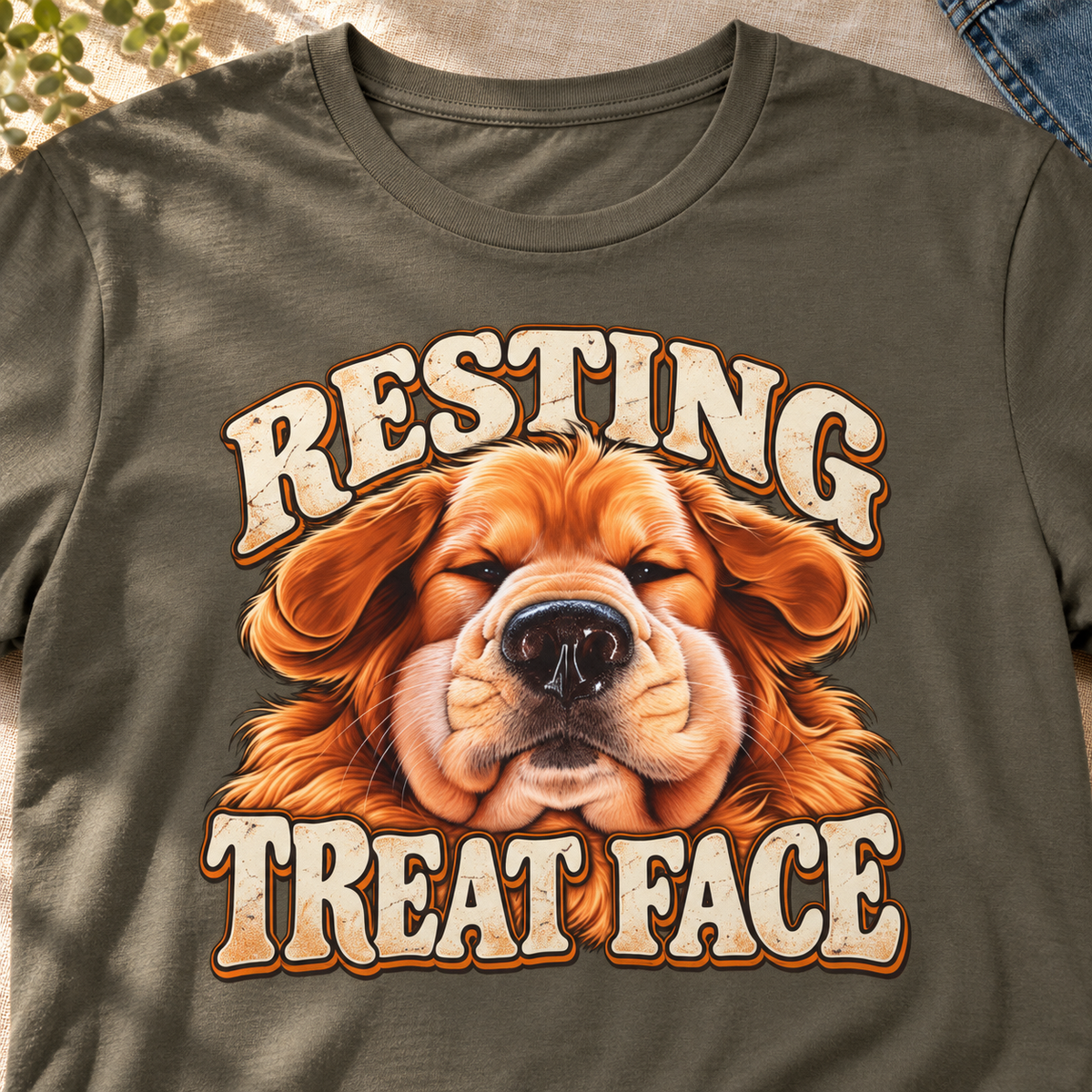 Resting Treat Face Dog T-Shirt — Funny Puppy Graphic Tee for Dog Lovers — close-up lifestyle flat lay