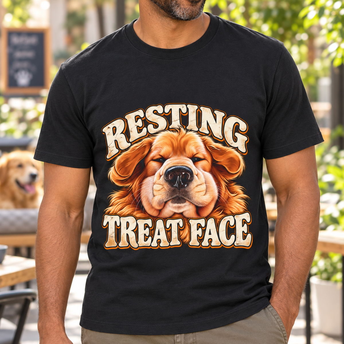 Resting Treat Face Dog T-Shirt — Funny Puppy Graphic Tee for Dog Lovers — close-up lifestyle mockup