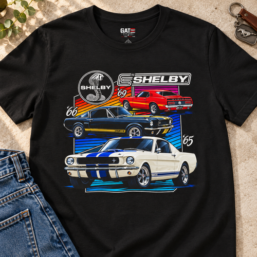 American Muscle Legends Classic Car T-Shirt — close-up lifestyle flat lay