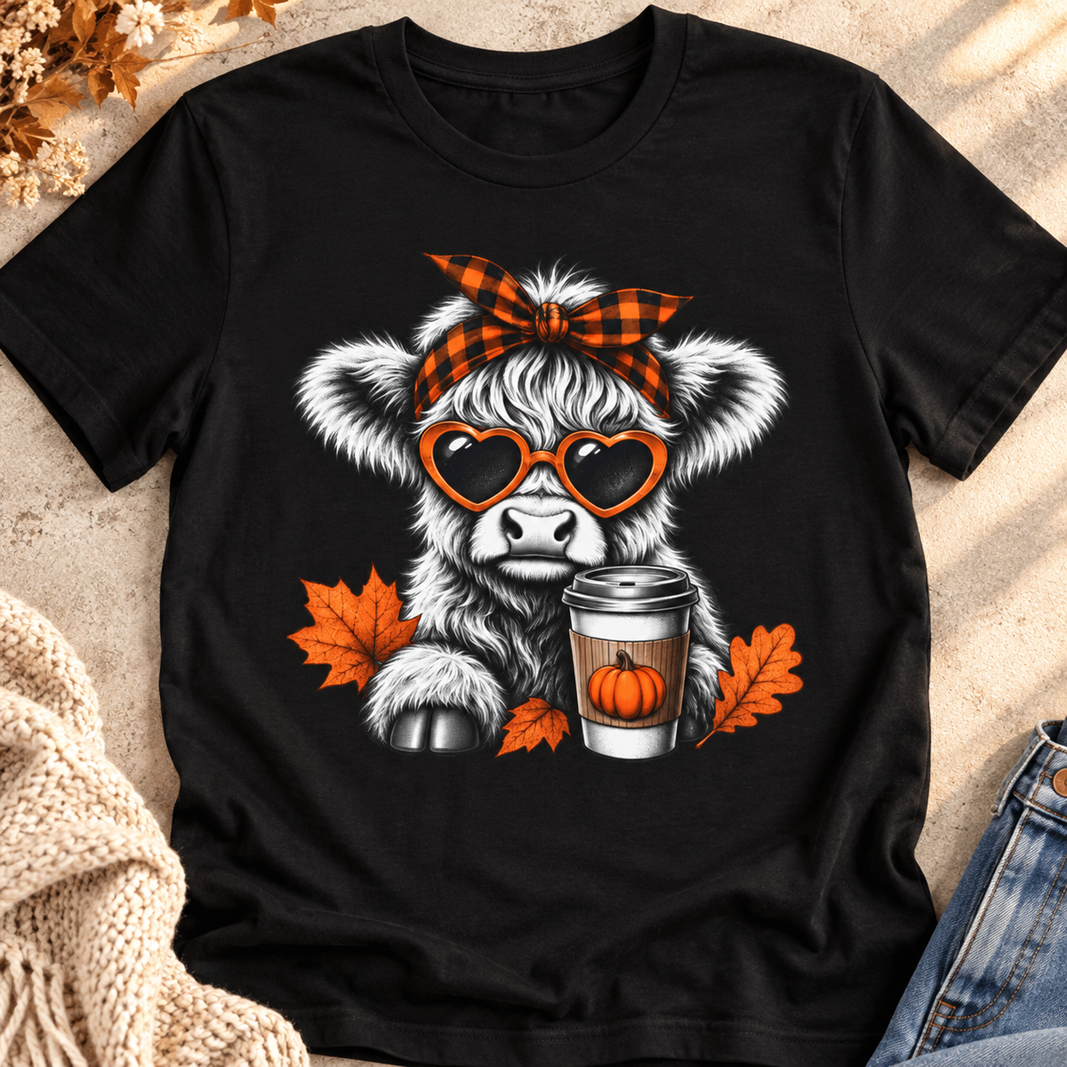 Cow Autumn Tee — Cute Calf with Pumpkin Spice Coffee & Plaid Bandana — close-up lifestyle flat lay