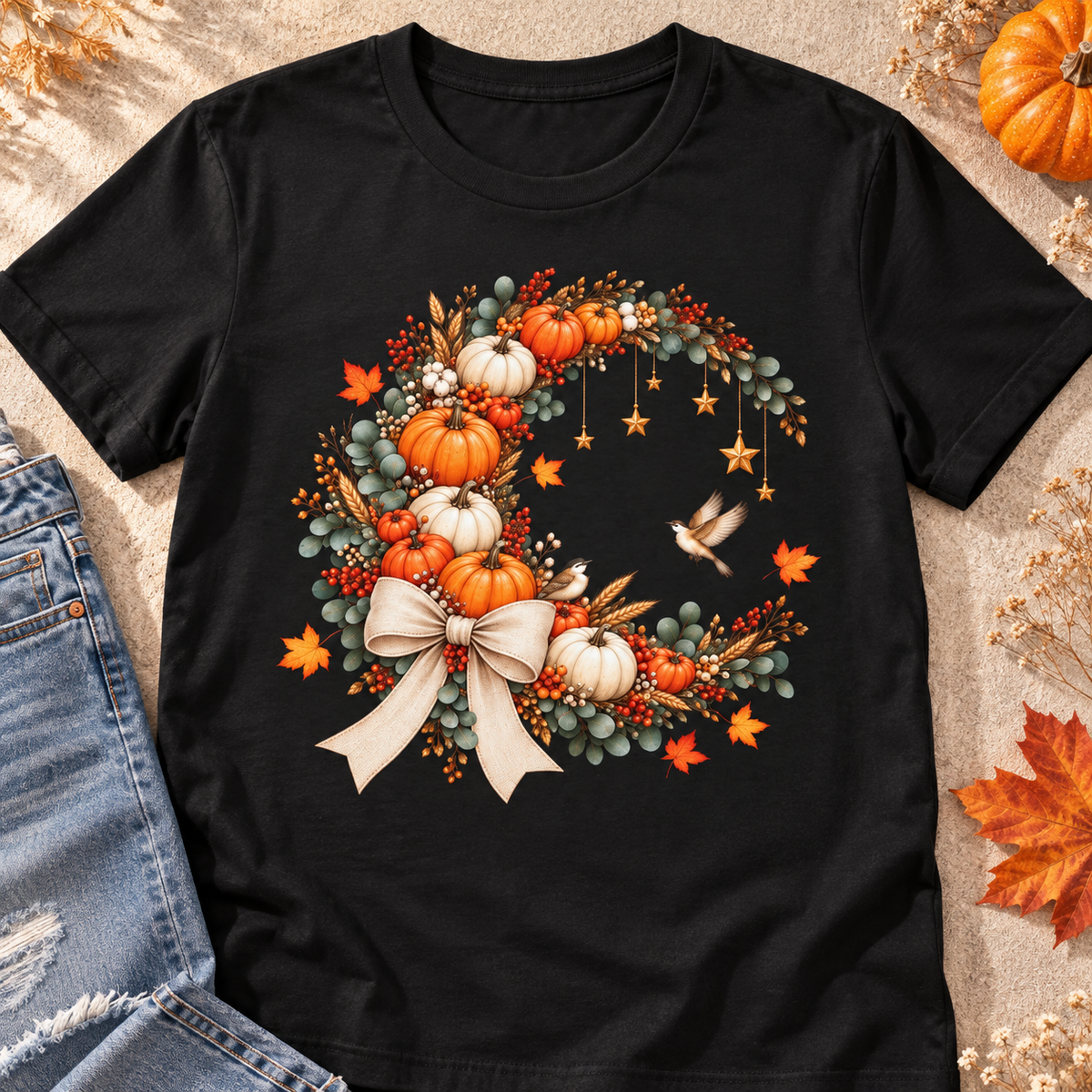Autumn Pumpkin Wreath Tee — close-up lifestyle flat lay