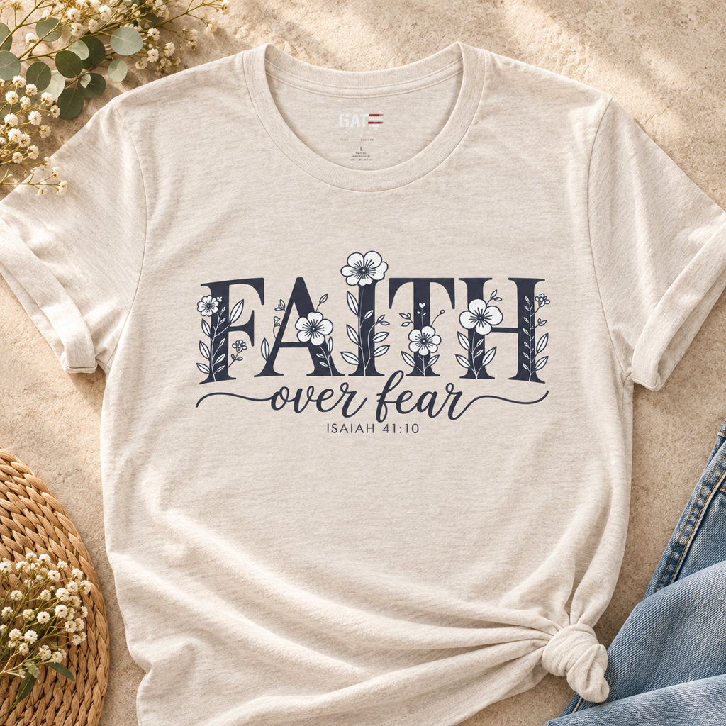 Faith Over Fear Tee — Floral Christian Inspirational Shirt (Isaiah 41:10) — close-up lifestyle flat lay
