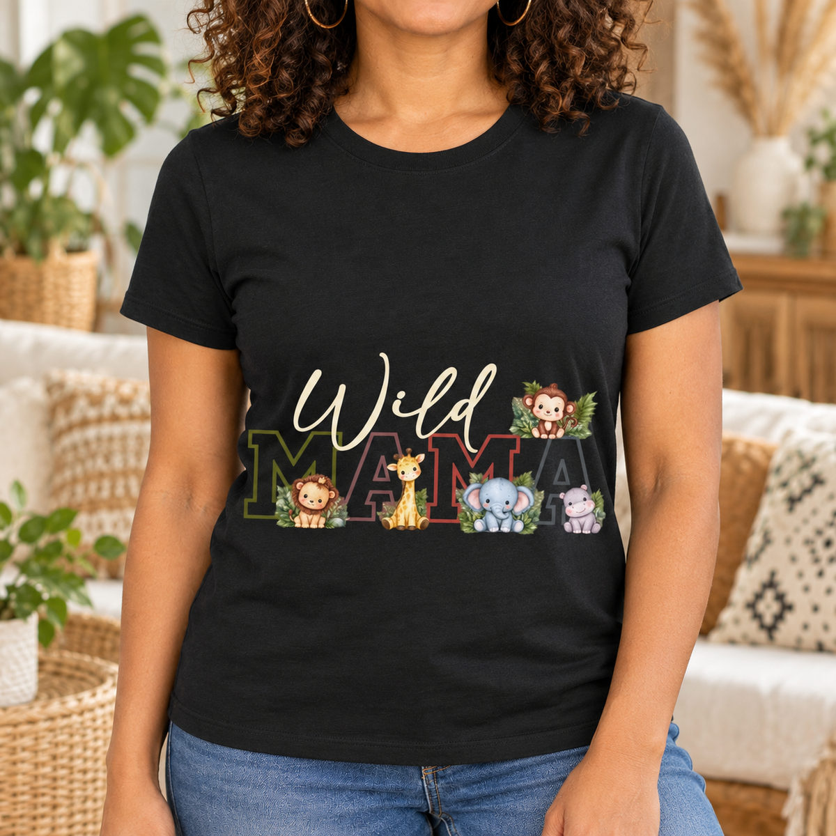 Wild Mama Tee — Cute Jungle Animal Mom Shirt — close-up lifestyle mockup
