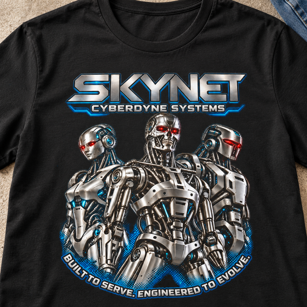 Skynet Cyberdyne Systems Terminator Robot Graphic T-Shirt — close-up lifestyle flat lay