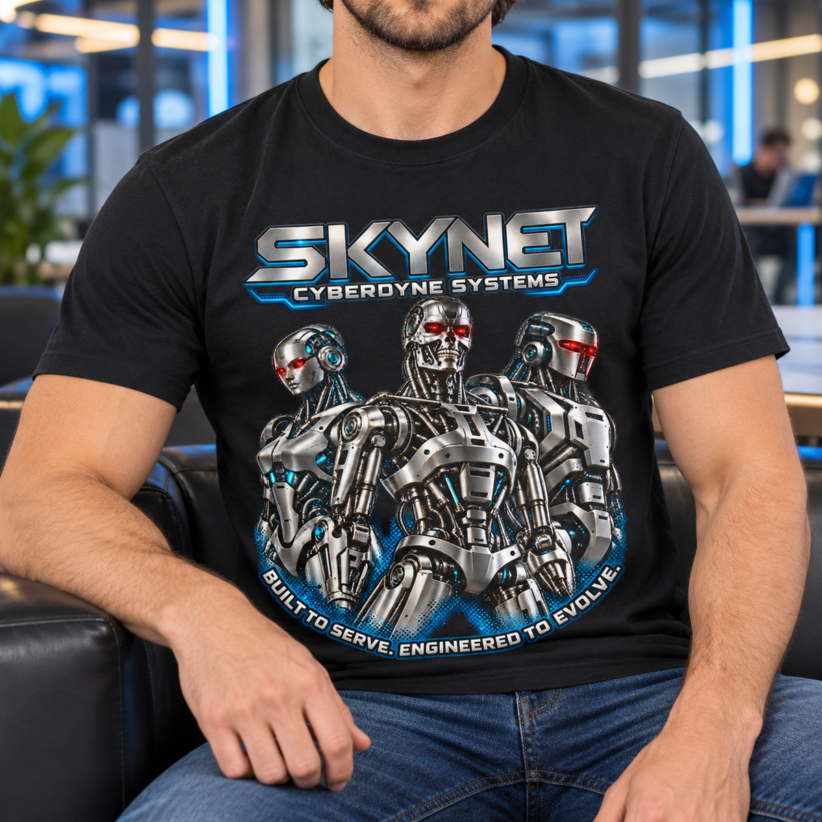 Skynet Cyberdyne Systems Terminator Robot Graphic T-Shirt — close-up lifestyle mockup