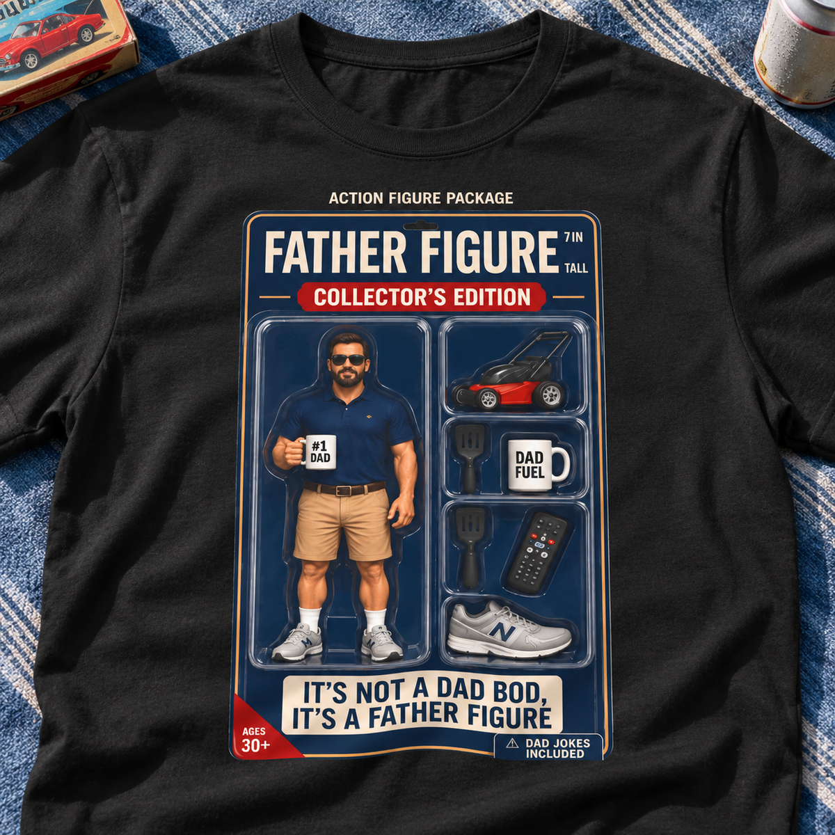 Father Figure Action Figure Shirt | Funny Dad Bod Tee — close-up lifestyle flat lay
