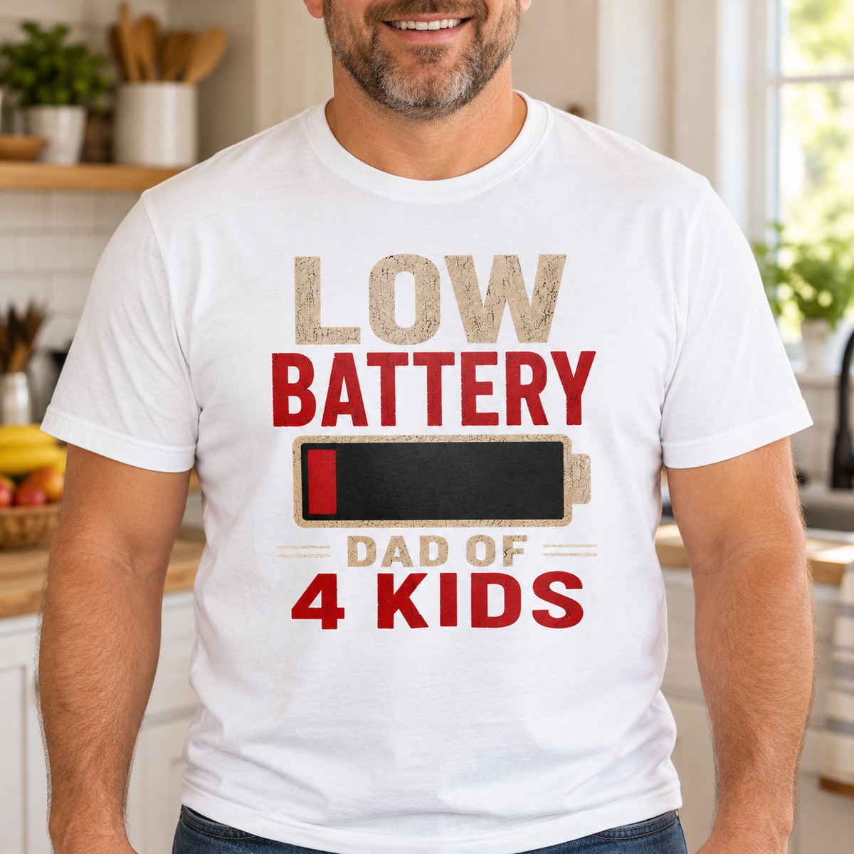 Low Battery Dad of 4 Kids Shirt | Funny Dad Tee — close-up lifestyle mockup worn by a man