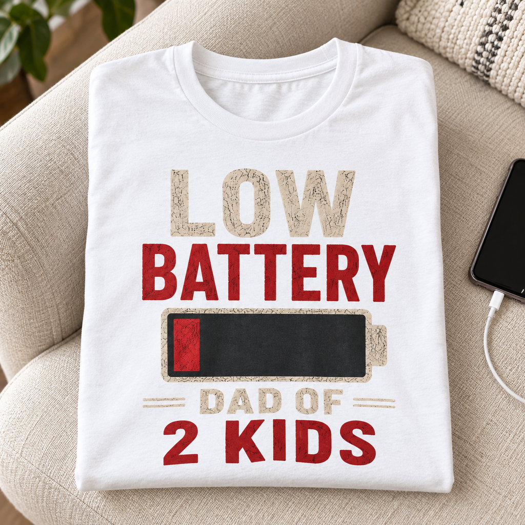 Low Battery Dad of 2 Kids Shirt | Funny Dad Tee — folded shirt lifestyle mockup