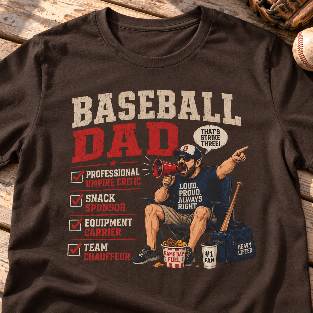 Baseball Dad Travel Ball Dad shirt — close-up lifestyle flat lay