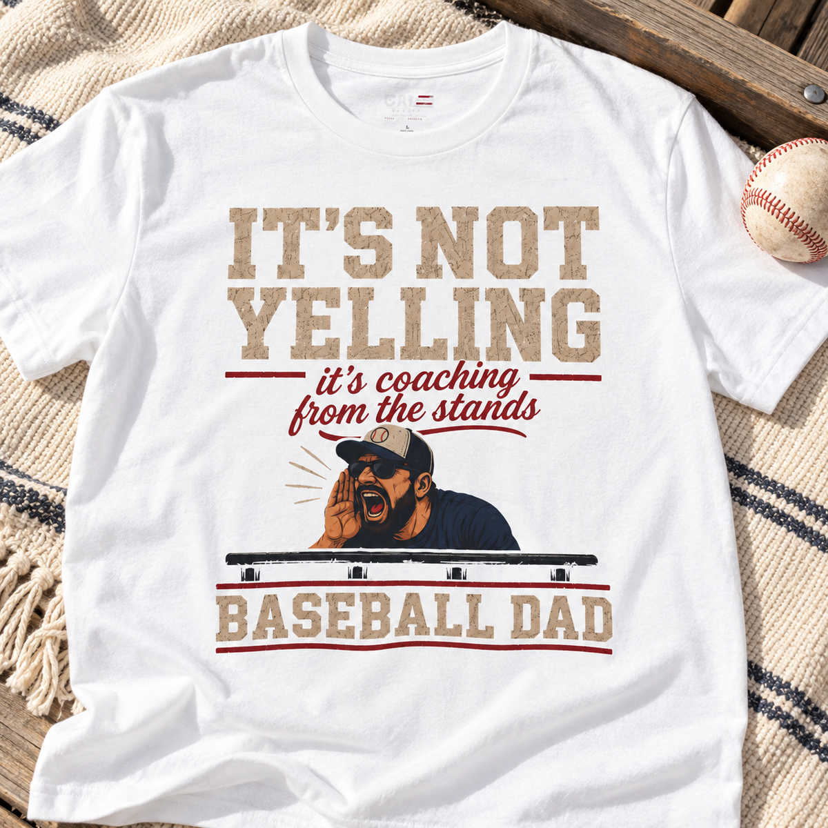 It's Not Yelling It's Coaching Baseball Dad Shirt — close-up lifestyle flat lay