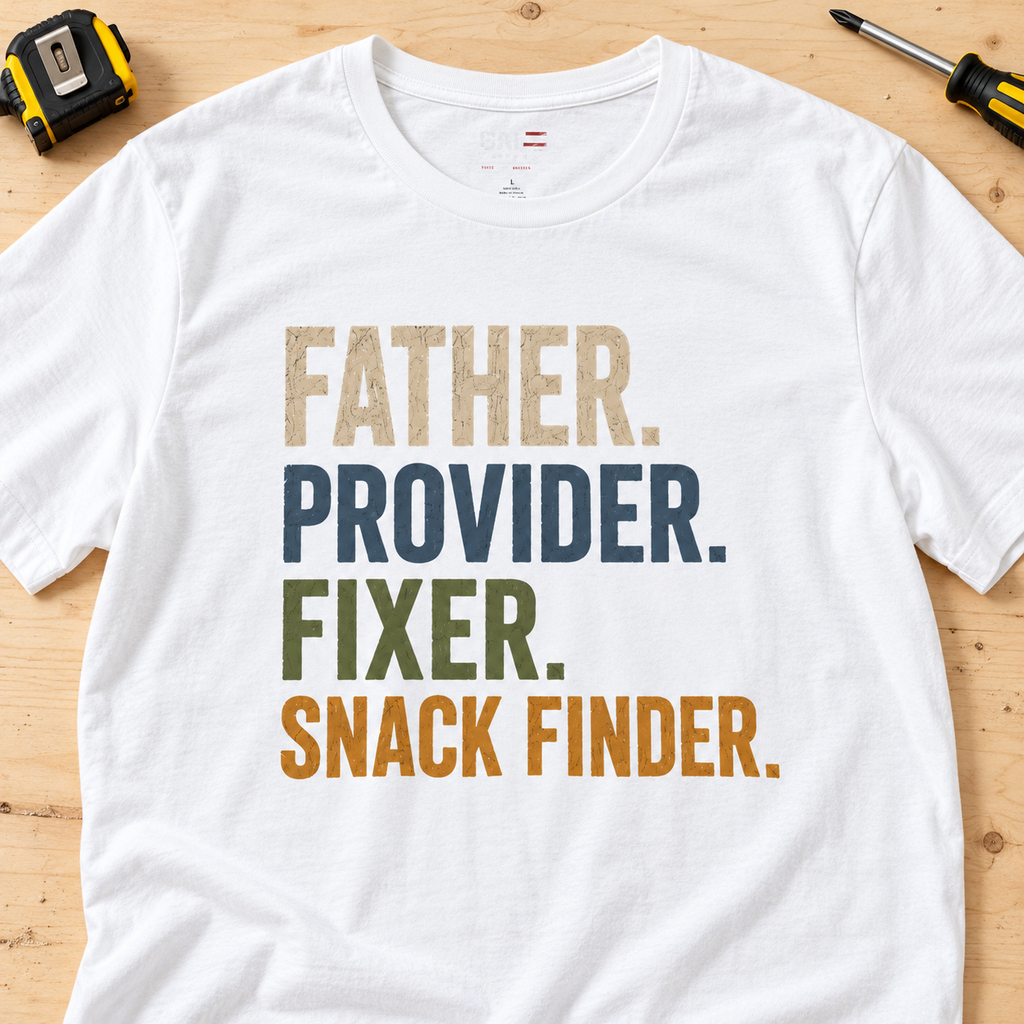 Father Fixer & Snack Finder Shirt | Funny Dad Tee — close-up lifestyle flat lay