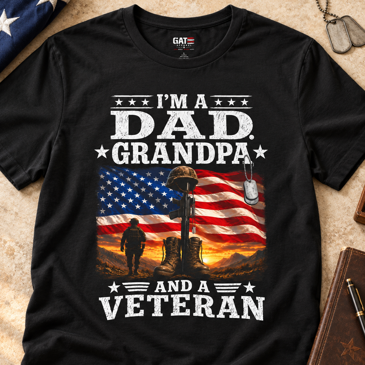Dad Grandpa Veteran Shirt | Patriotic Military Tee — close-up lifestyle flat lay