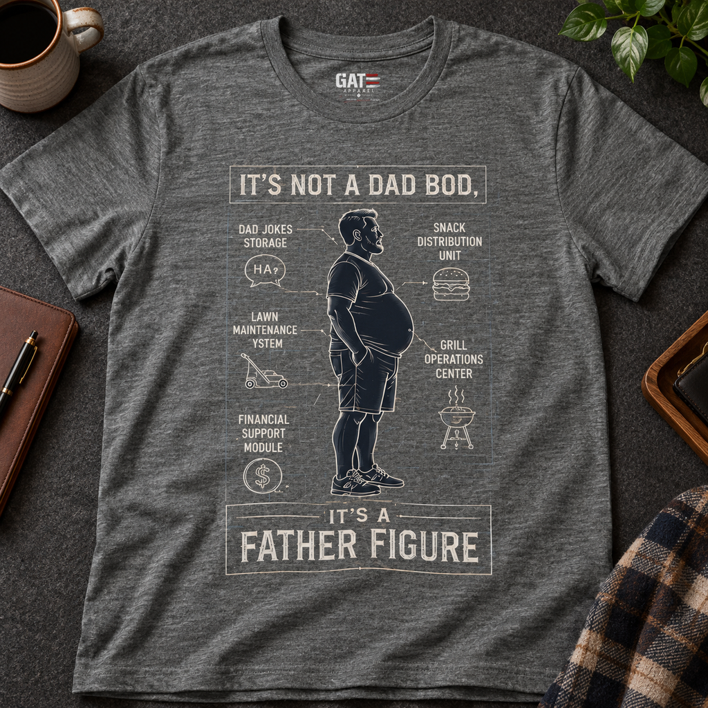 It's Not a Dad Bod Father Figure Shirt | Funny Dad Tee — close-up lifestyle flat lay