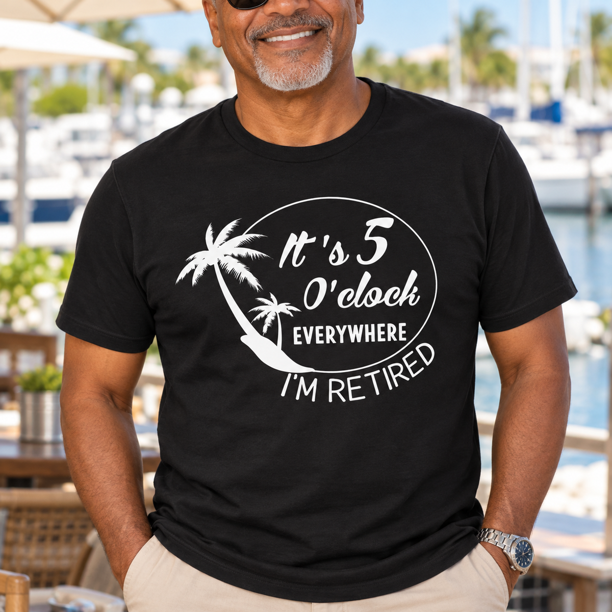 Retired Vibes Shirt | 5 O'Clock Everywhere Retirement Tee — close-up lifestyle mockup worn by a man