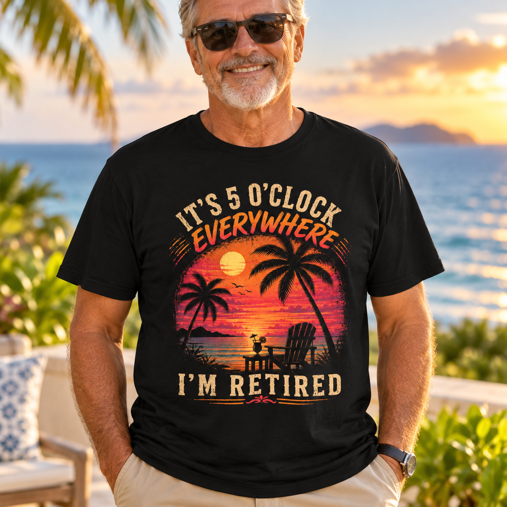 Retired in Paradise Shirt | 5 O'Clock Everywhere Beach Tee — close-up lifestyle mockup worn by a man
