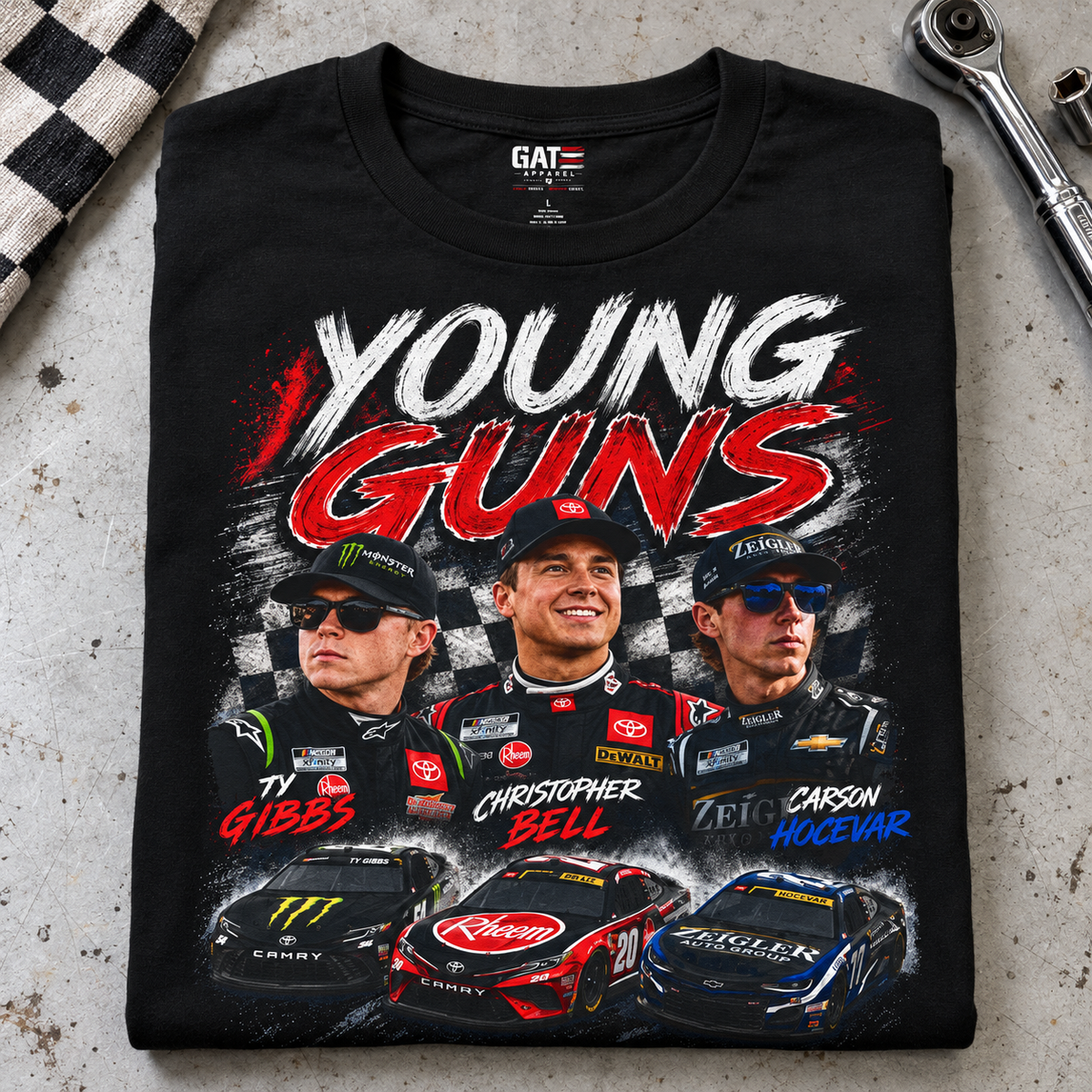Young Guns Racing Shirt | Motorsport Graphic Tee — folded shirt lifestyle mockup