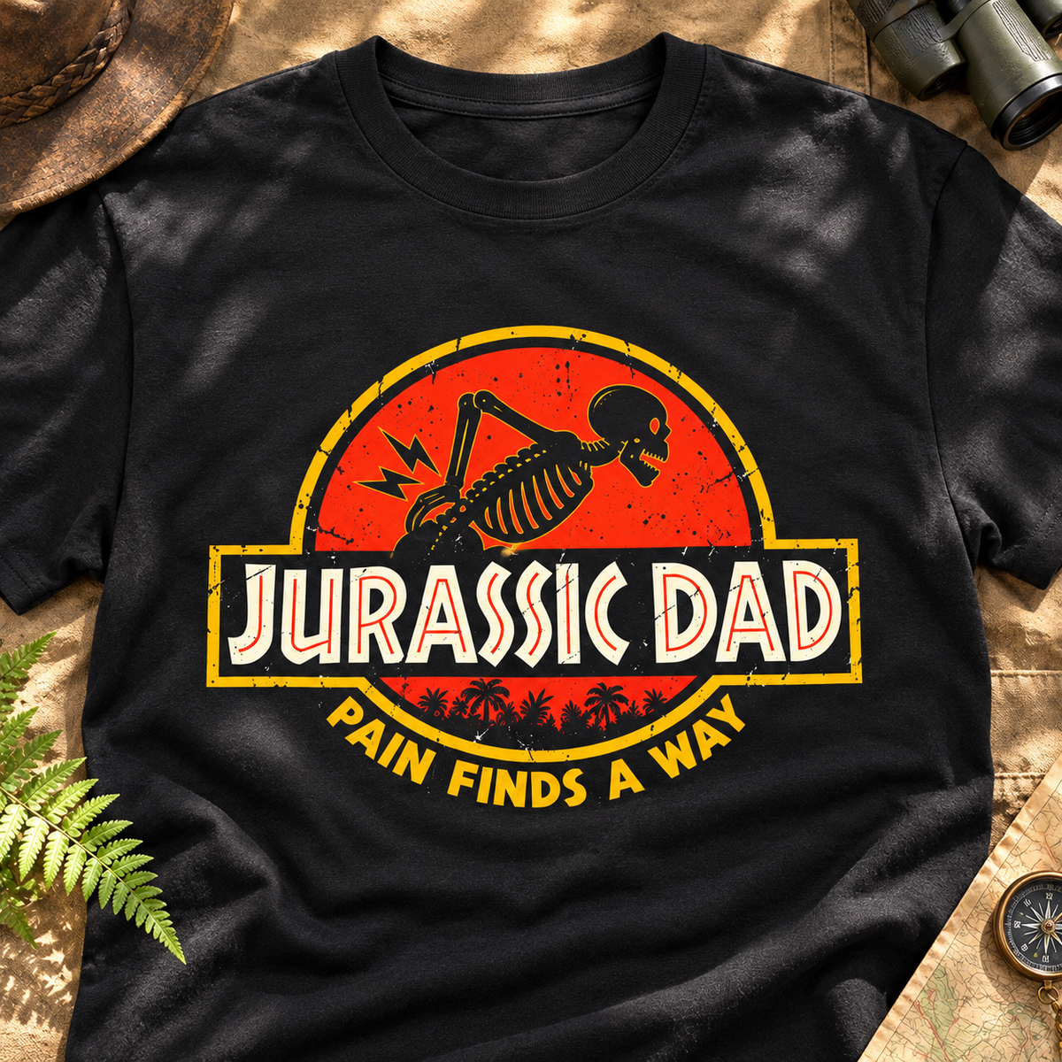 Jurassic Dad Shirt | Funny Dinosaur Dad Movie-Inspired Tee — close-up lifestyle flat lay