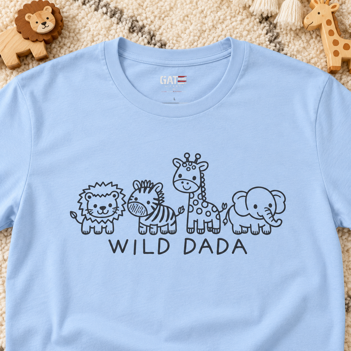 Wild Dada Safari Animal T-Shirt – Cute Graphic Tee for Dads — close-up lifestyle flat lay