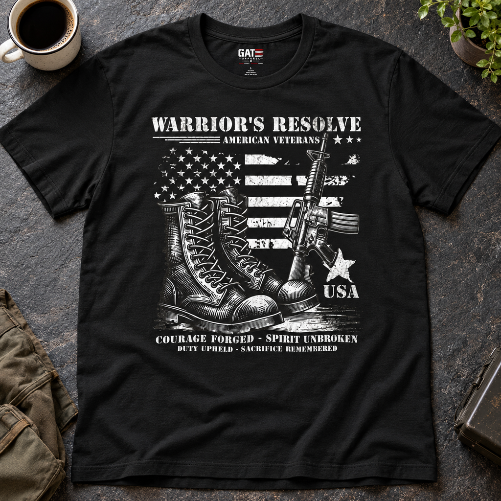 Warrior's Resolve Veteran Shirt | Boots & American Flag Tee — flat-lay product mockup