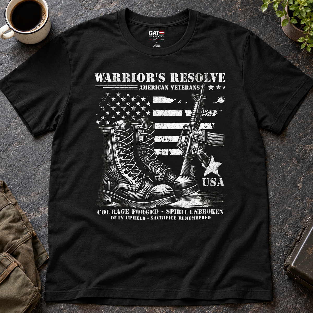Warrior's Resolve Veteran Shirt | Boots & American Flag Tee — flat-lay product mockup