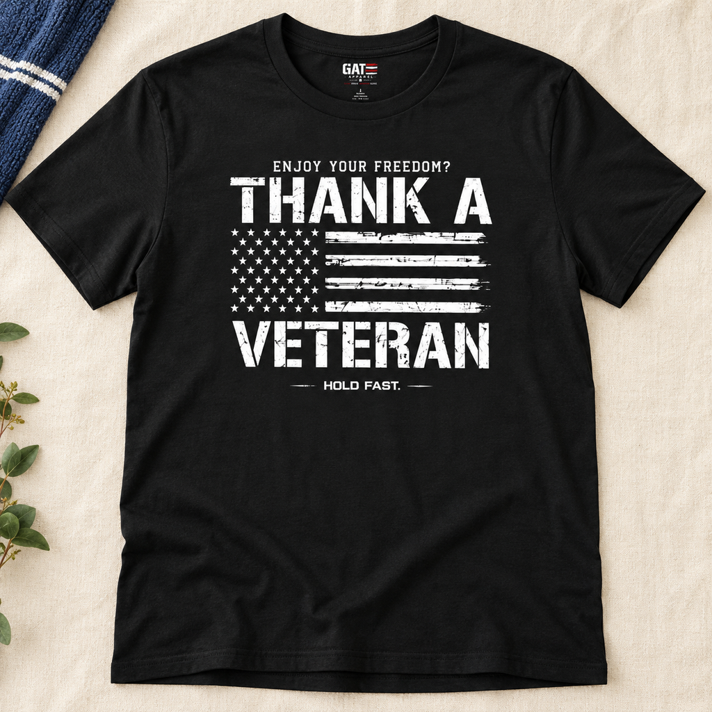 Enjoy Your Freedom Thank a Veteran Shirt | Patriotic Flag Tee — flat-lay product mockup