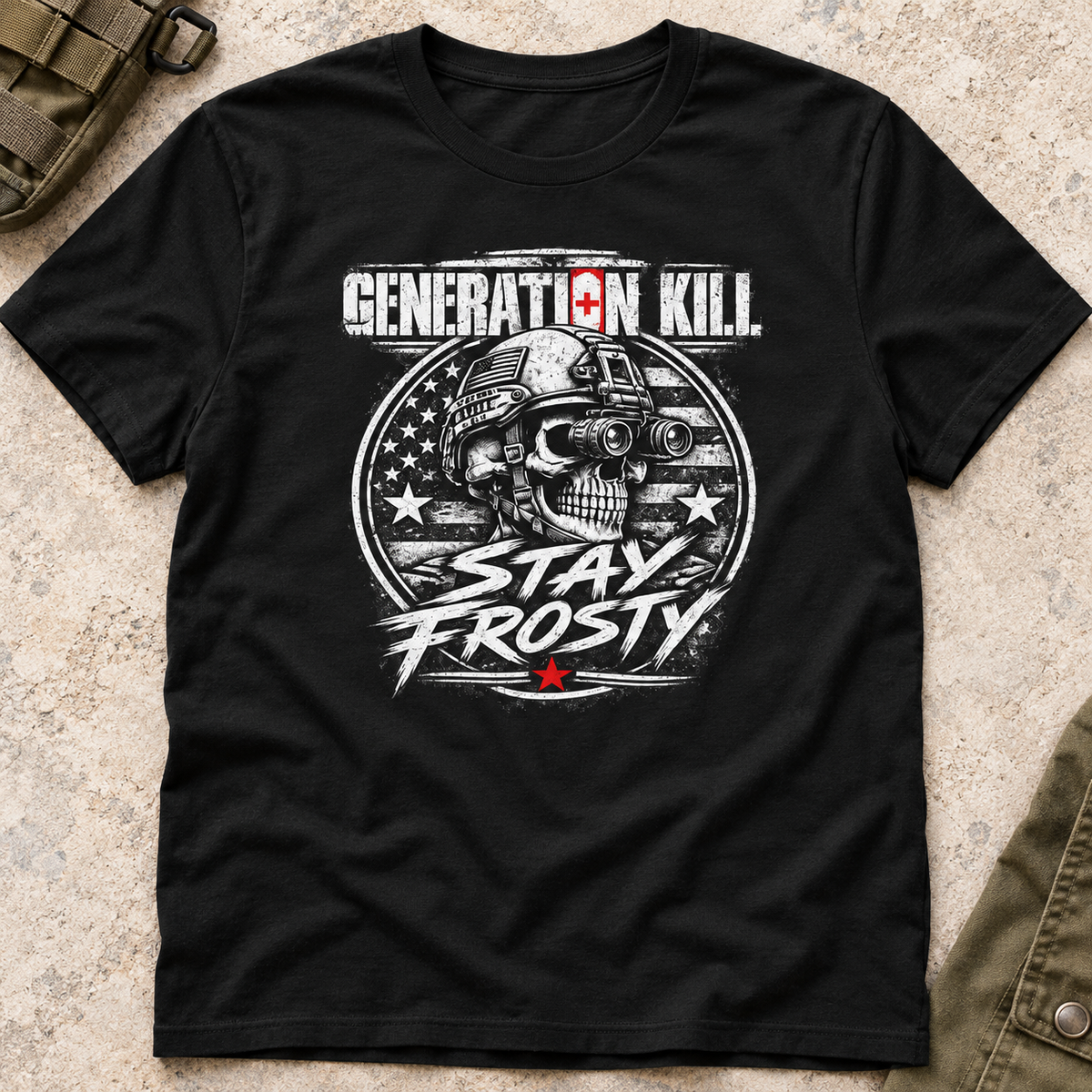 Stay Frosty Skull Shirt | Military Veteran Retro Tee — flat-lay product mockup