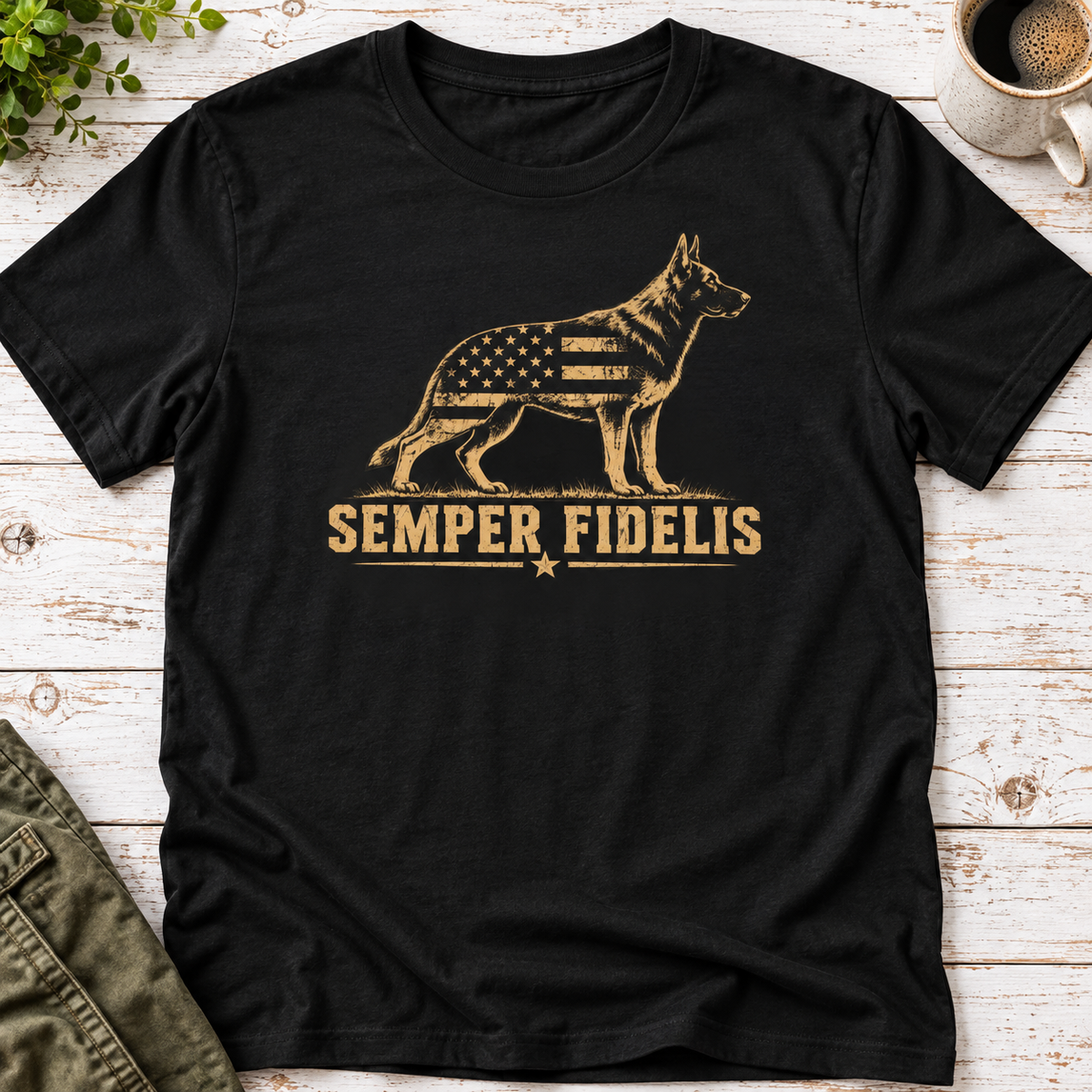 Semper Fidelis German Shepherd Shirt | Military K9 Tee — flat-lay product mockup