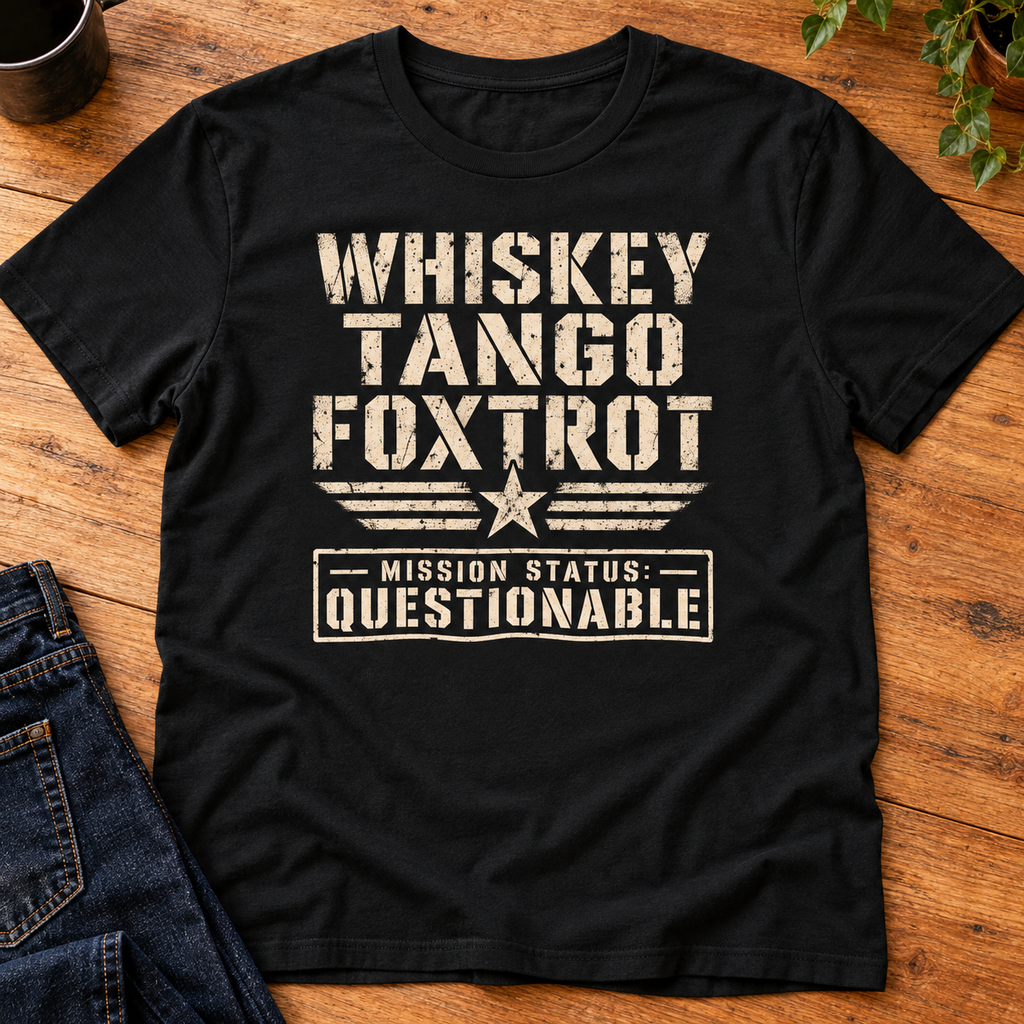 Whiskey Tango Foxtrot: Mission Status Questionable T-Shirt — flat-lay product mockup