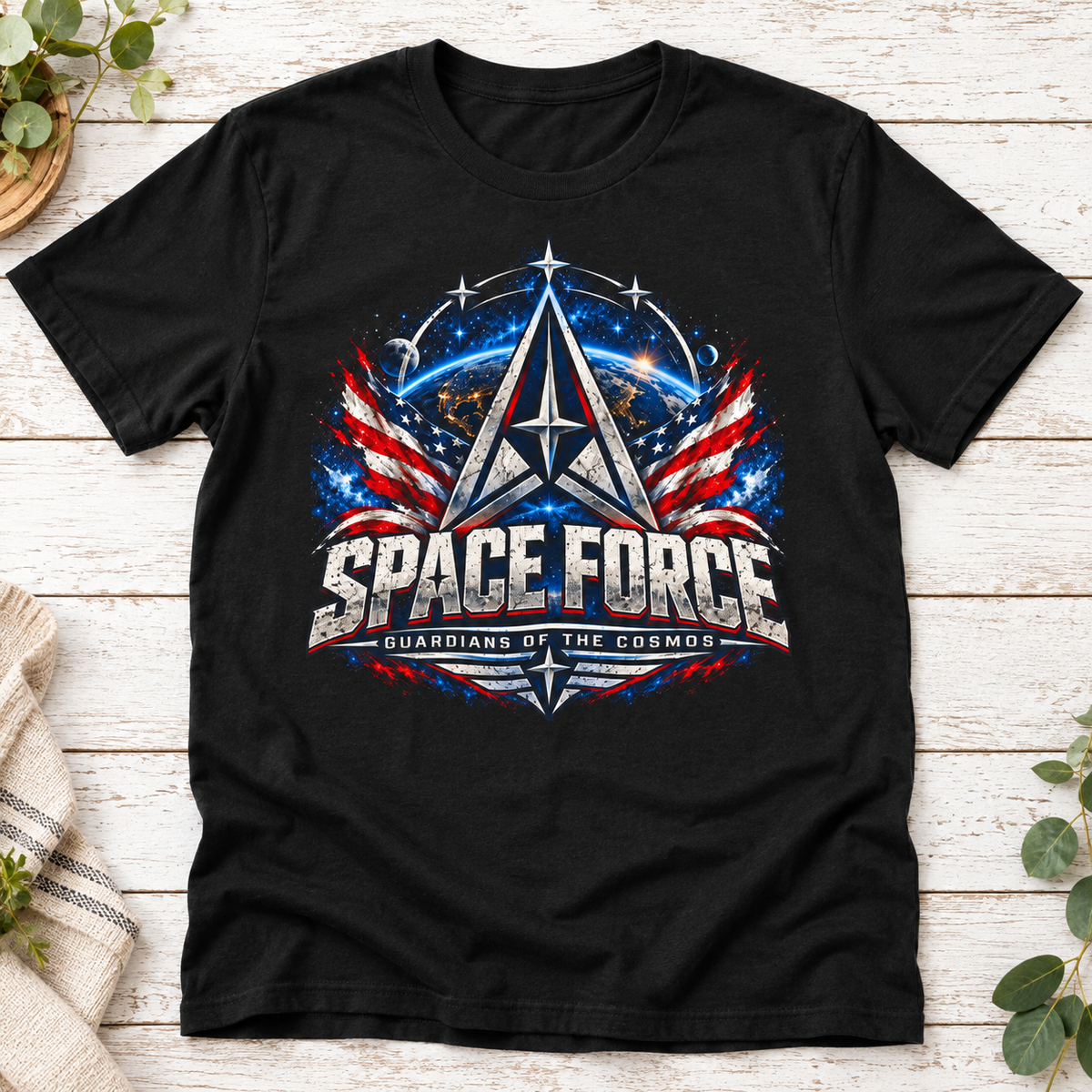 Guardians of the Cosmos Space Force T-Shirt — flat-lay product mockup