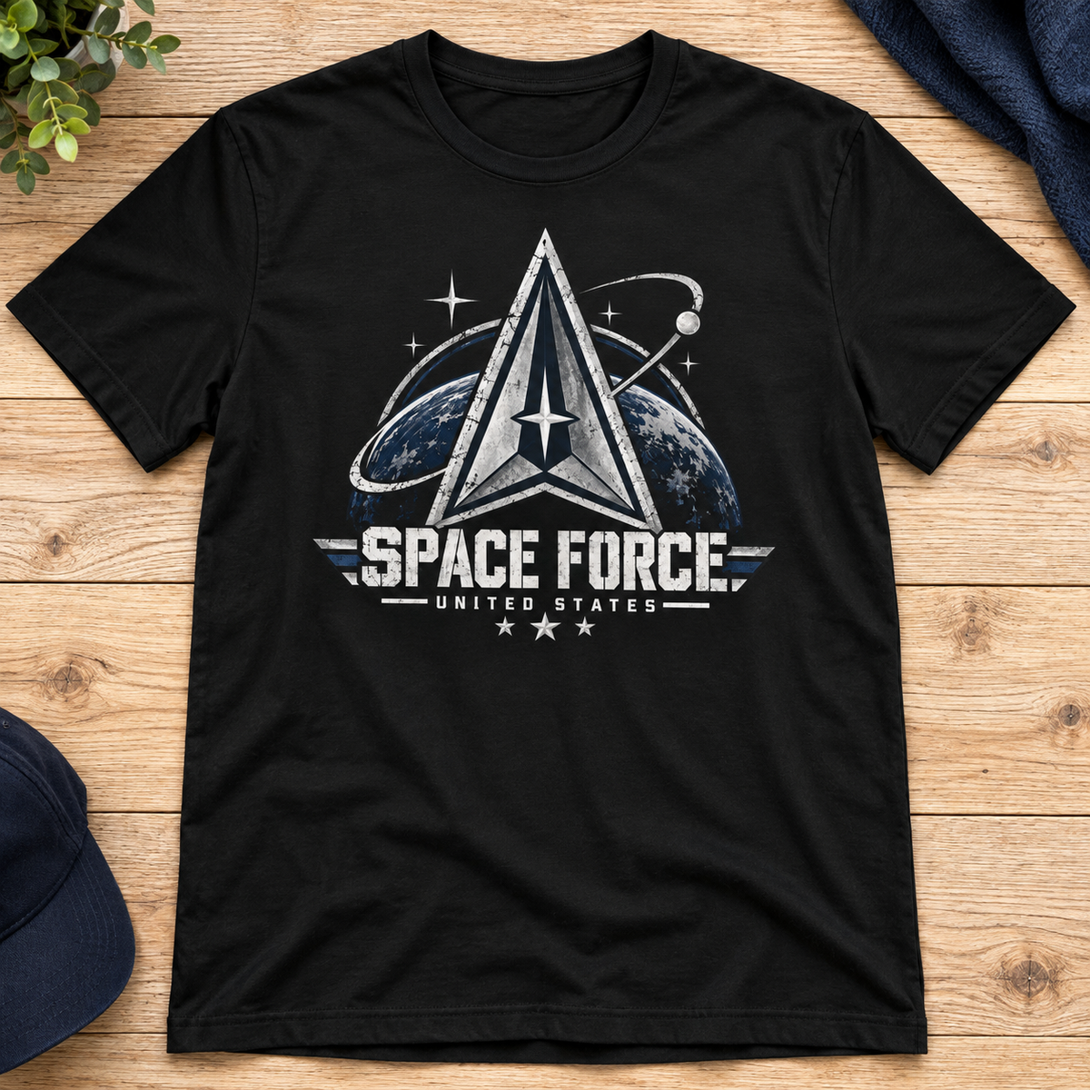 Dark Frontier Space Force Astronaut T-Shirt — flat-lay product mockup