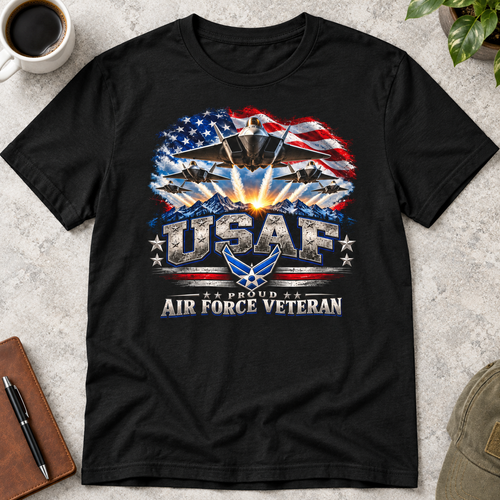 Freedom Takes Flight USAF Veteran T-Shirt — flat-lay product mockup