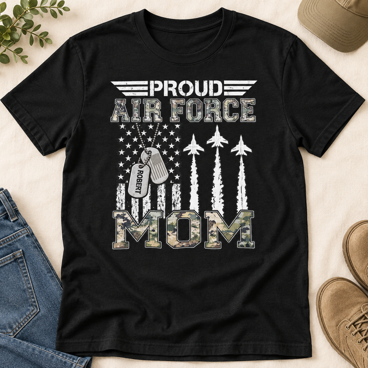 Personalized Air Force Mom/Dad T-Shirt — Custom Name Dog Tag Tee — flat-lay product mockup
