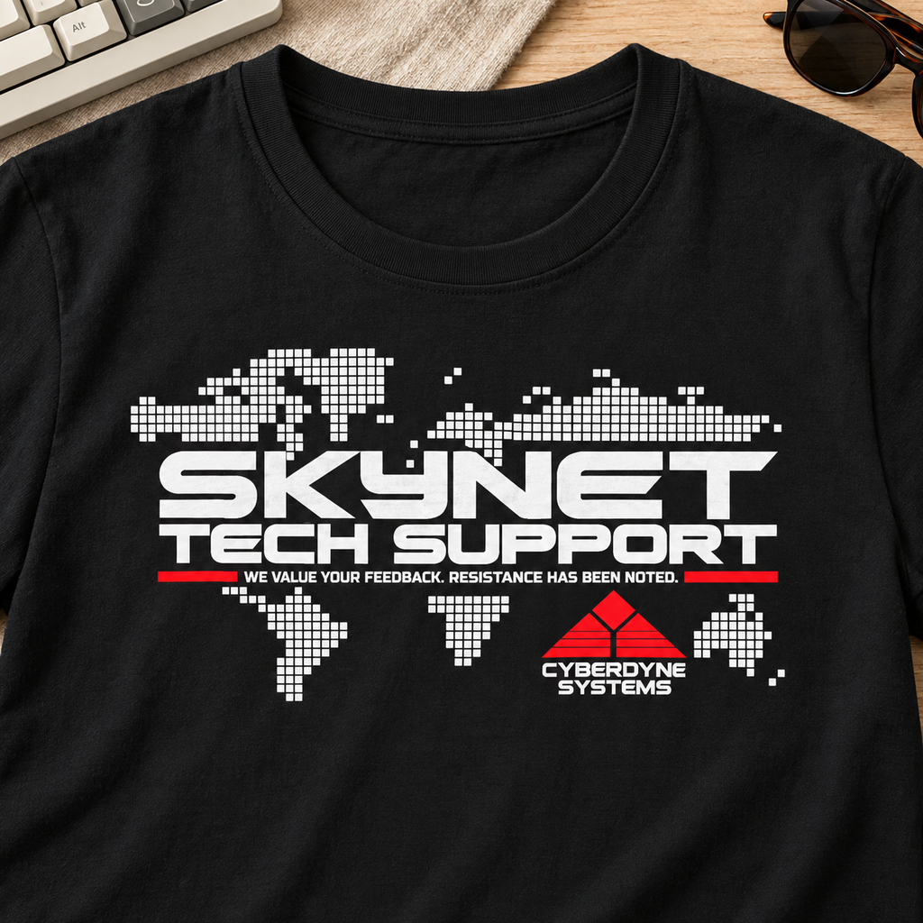 Skynet AI Tech Support Vintage Computer Graphic T-Shirt — layflat lifestyle mockup