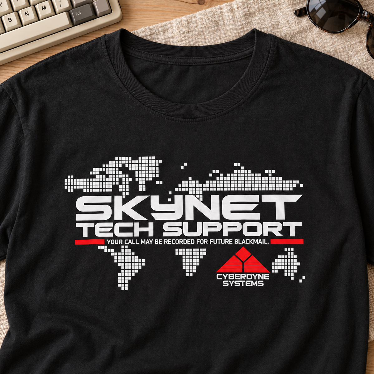 Skynet Tech Support Retro Computer Humor T-Shirt — layflat lifestyle mockup