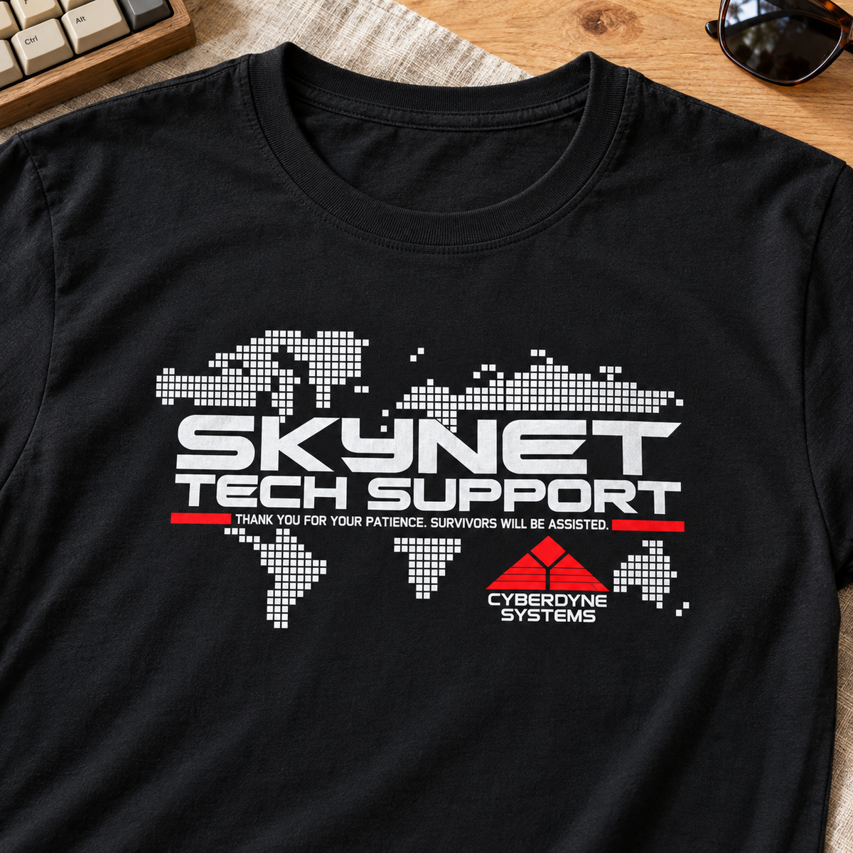 Skynet Tech Support Retro Pixel Map Sci-Fi T-Shirt — layflat lifestyle mockup