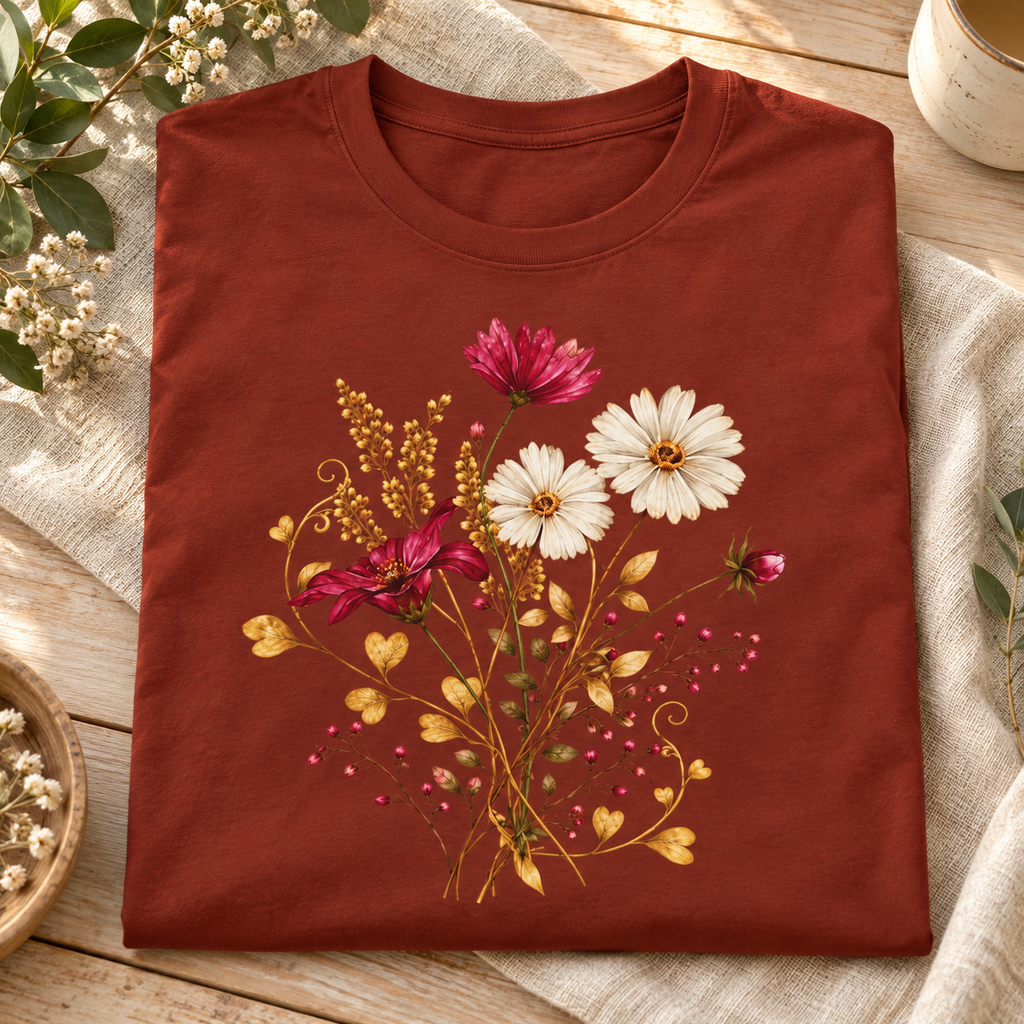 Botanical Wildflower Bouquet Floral Graphic T-Shirt — folded lifestyle mockup