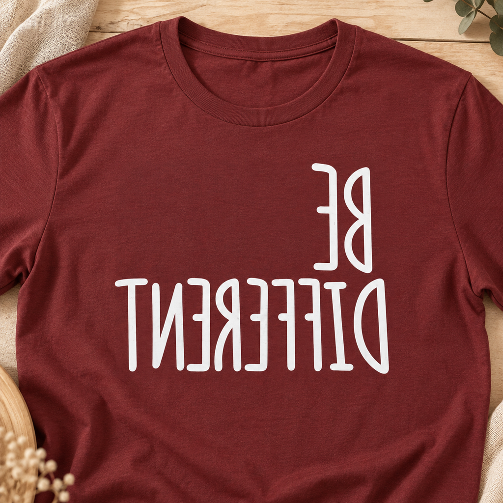 Be Different Upside Down Lettering Graphic T-Shirt — layflat lifestyle mockup