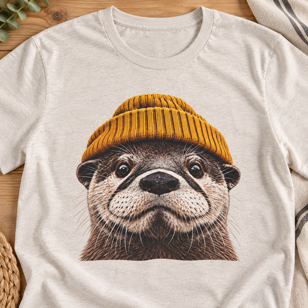 Cute Otter Wearing Beanie Wildlife Graphic T-Shirt — layflat lifestyle mockup