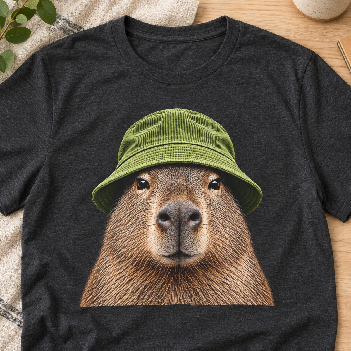Cute Capybara in Beanie Graphic T-Shirt — layflat lifestyle mockup