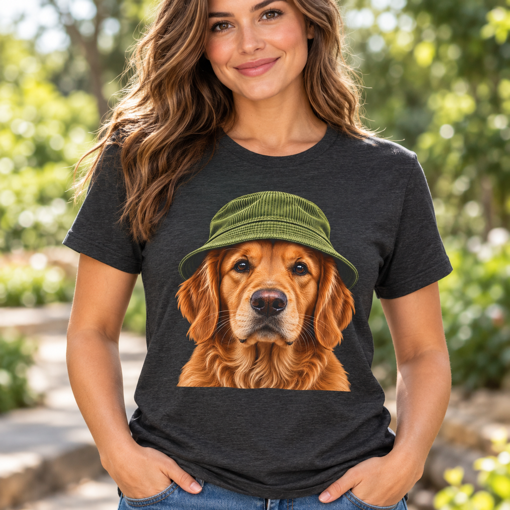 Cute Golden Retriever in Beanie Graphic T-Shirt — worn lifestyle mockup
