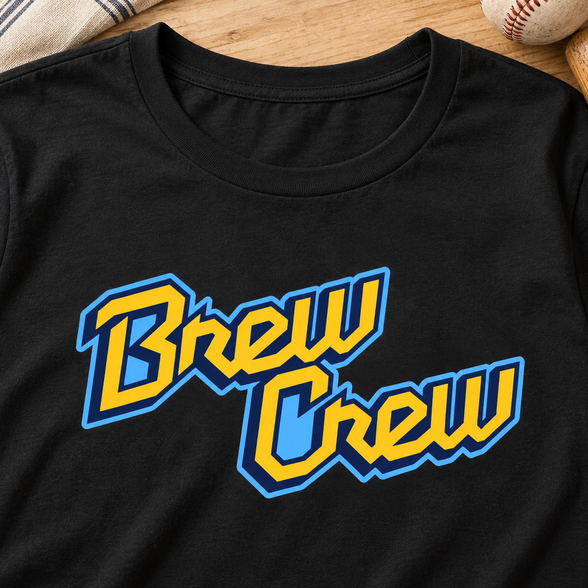 Milwaukee Brewers Brew Crew Blue & Gold Baseball T-Shirt — layflat lifestyle mockup