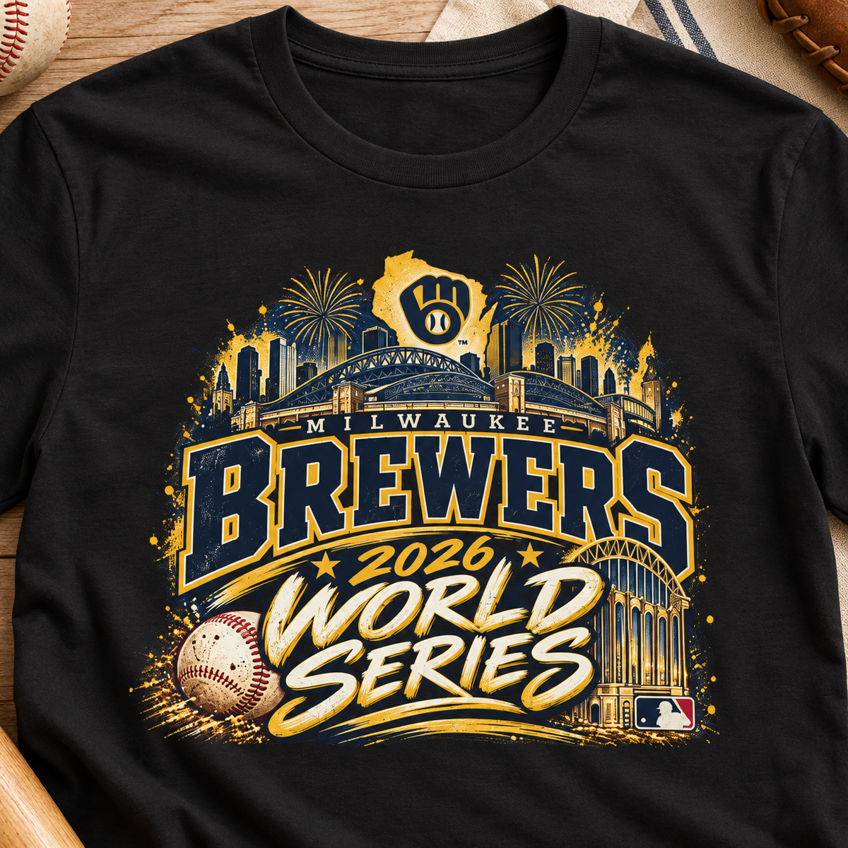Milwaukee Brewers 2026 World Series Skyline Baseball T-Shirt — layflat lifestyle mockup
