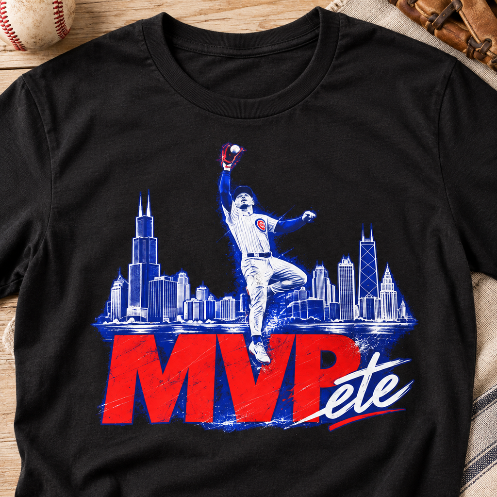 Chicago Cubs Pete Crow-Armstrong MVP Skyline Catch T-Shirt — layflat lifestyle mockup