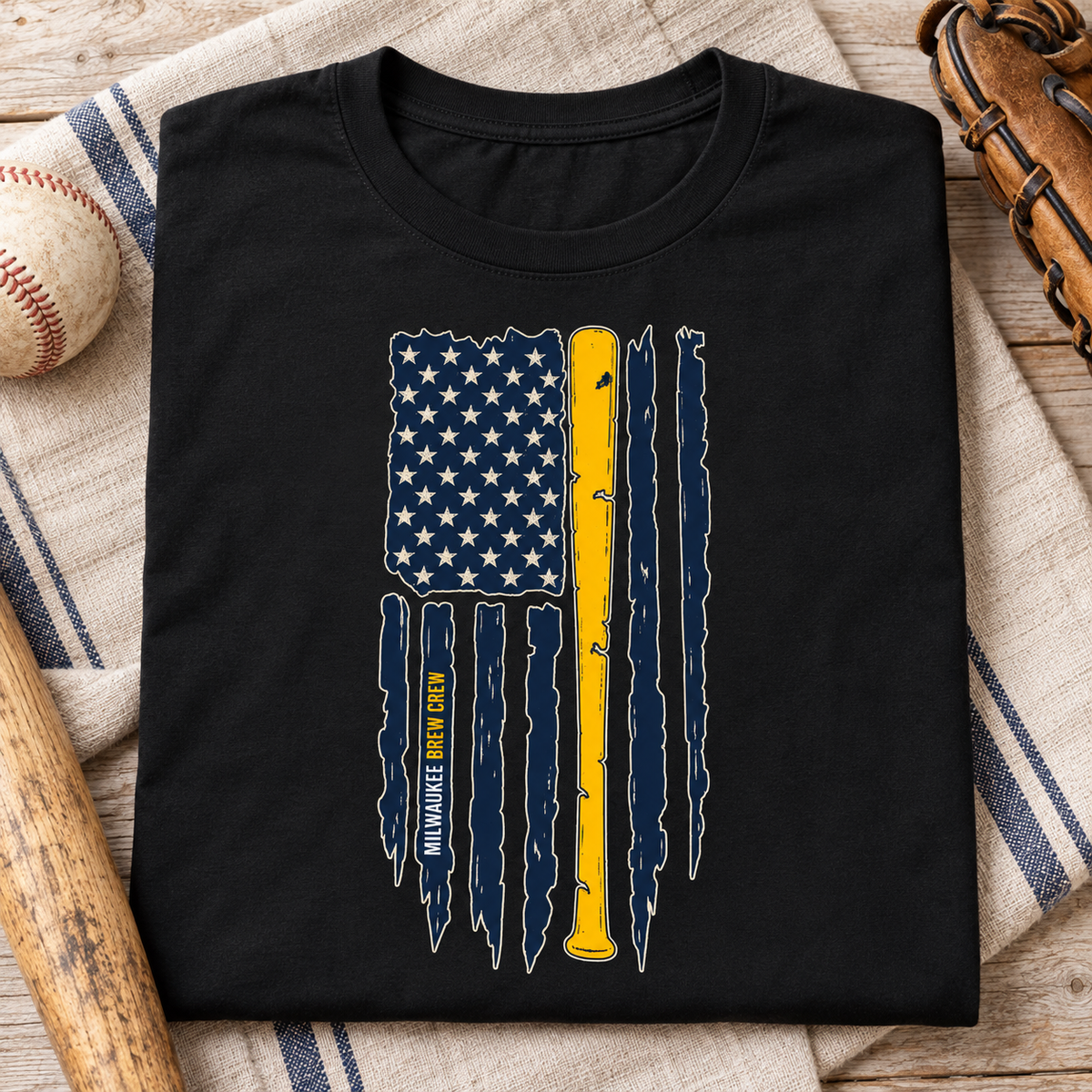 Milwaukee Brewers Brew Crew Distressed Bat Flag Baseball T-Shirt — folded lifestyle mockup