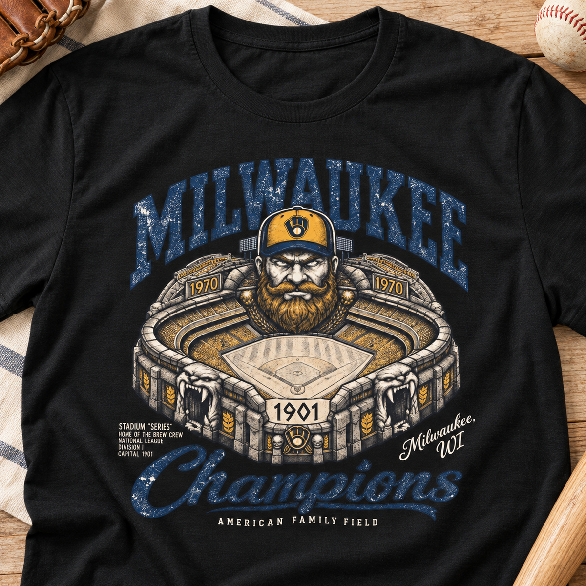 Milwaukee Brewers Stadium Champions Baseball Graphic T-Shirt — layflat lifestyle mockup
