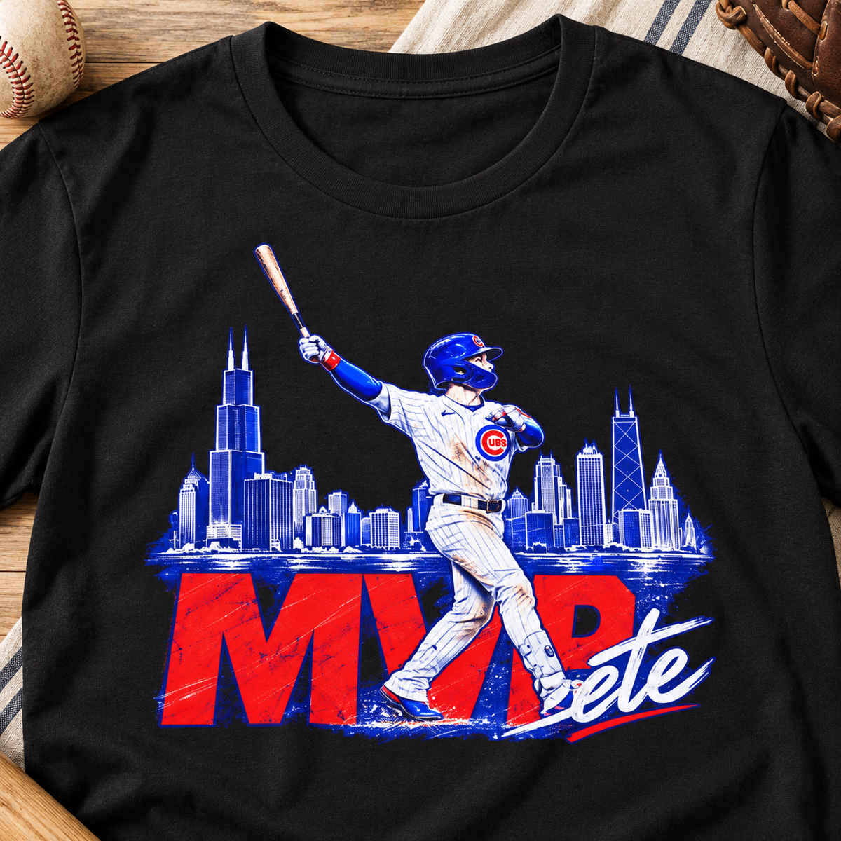 Chicago Cubs Pete Crow-Armstrong MVP Skyline Batting T-Shirt — layflat lifestyle mockup