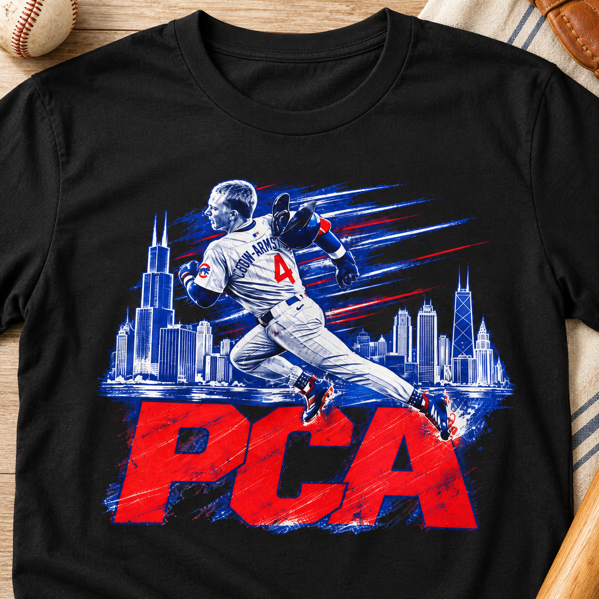 Chicago Cubs Pete Crow-Armstrong No. 4 Skyline T-Shirt — layflat lifestyle mockup