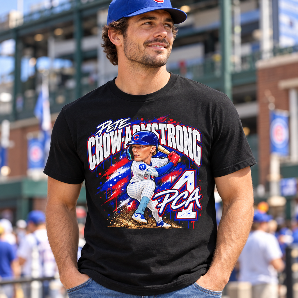 Chicago Cubs Pete Crow-Armstrong No. 4 Caricature T-Shirt — worn lifestyle mockup
