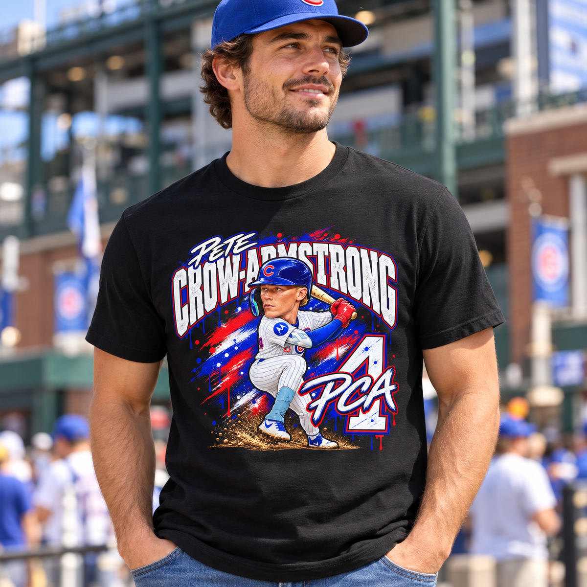 Chicago Cubs Pete Crow-Armstrong No. 4 Caricature T-Shirt — worn lifestyle mockup